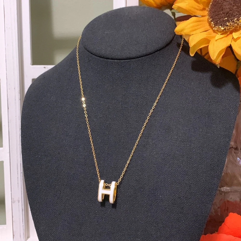 Mini Pop "H" Necklace Gold Tone 925 Stamped Chain w/ S925 White Enamel H Pendant - Picture 3 of 8